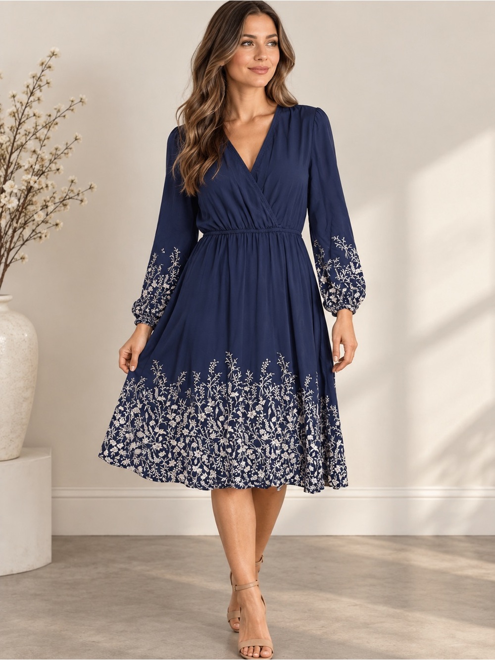 Old Navy Navy Blue Floral Border Print Long Sleeve Dress Medium